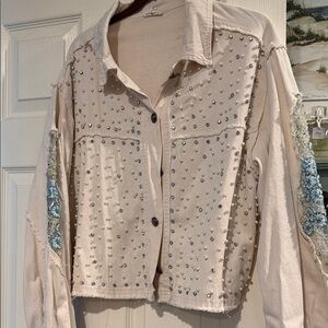 POL OVERSIZED Beige Studded Jacket with Blue Accents